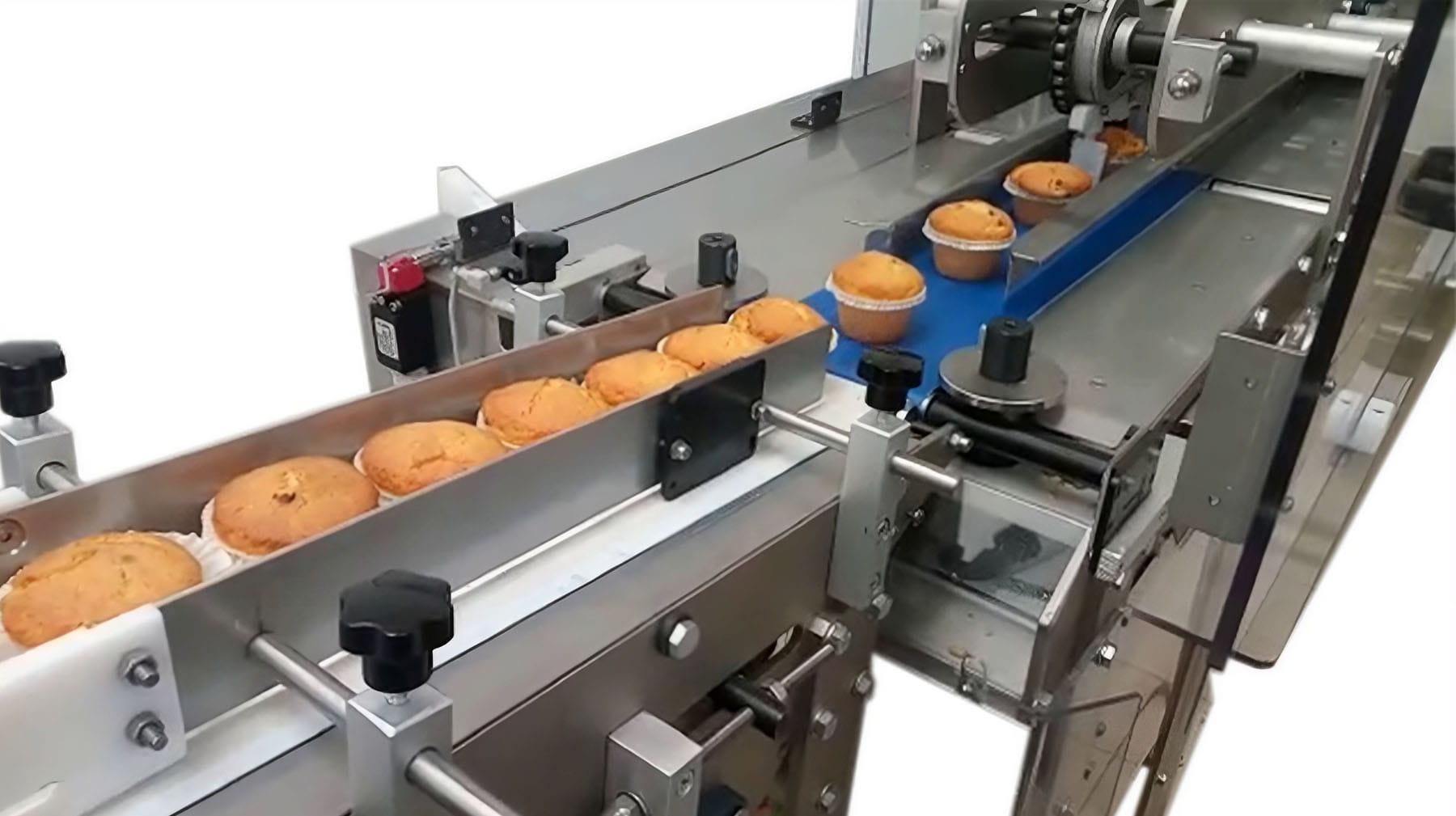 Sistema di trasporto e allineamento automatico per muffin e prodotti da forno pronti per il confezionamento.