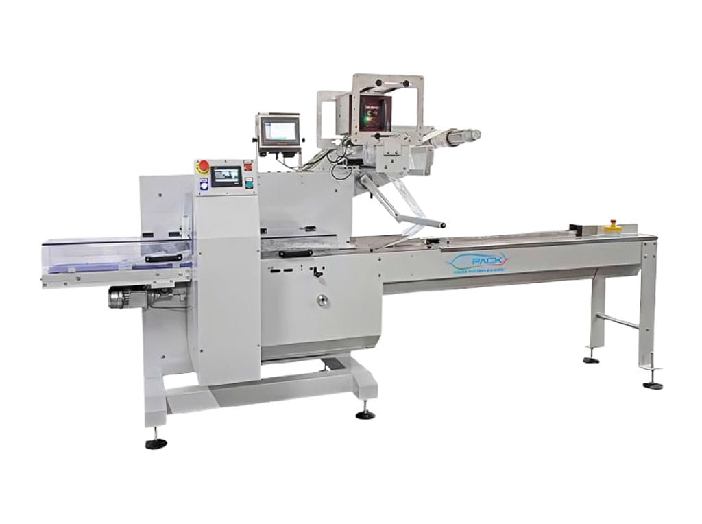 Macchina confezionatrice automatica Mapack modello Small per packaging flessibile, vista frontale completa con struttura in acciaio inox.