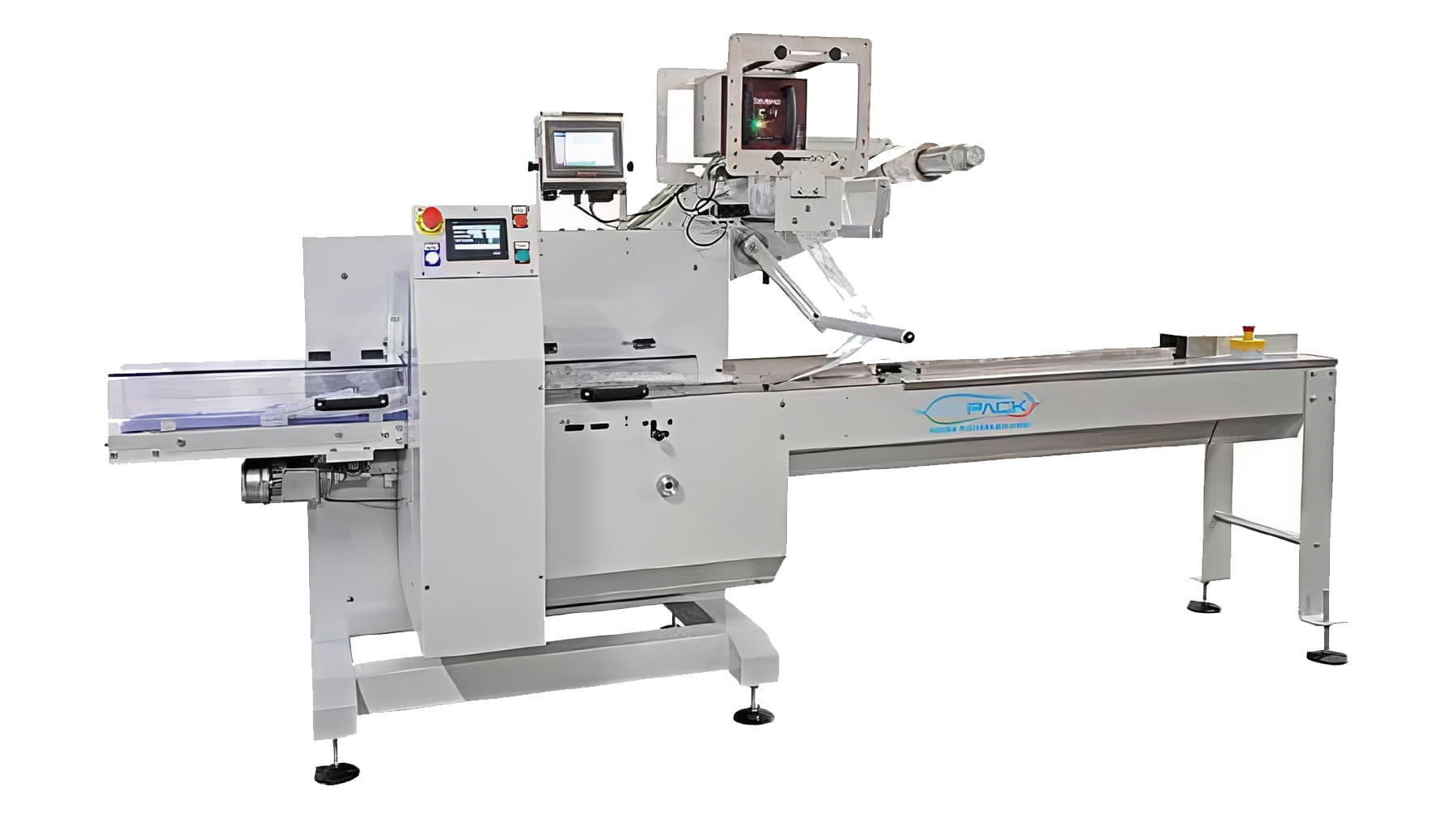 Macchina confezionatrice automatica Mapack modello Small per packaging flessibile, vista frontale completa con struttura in acciaio inox.